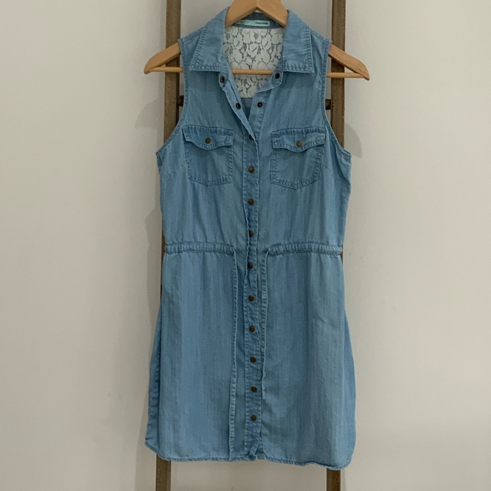 Maurices Light Blue Denim Button-Down Mini Jean  Dress Tie Waist Size Small